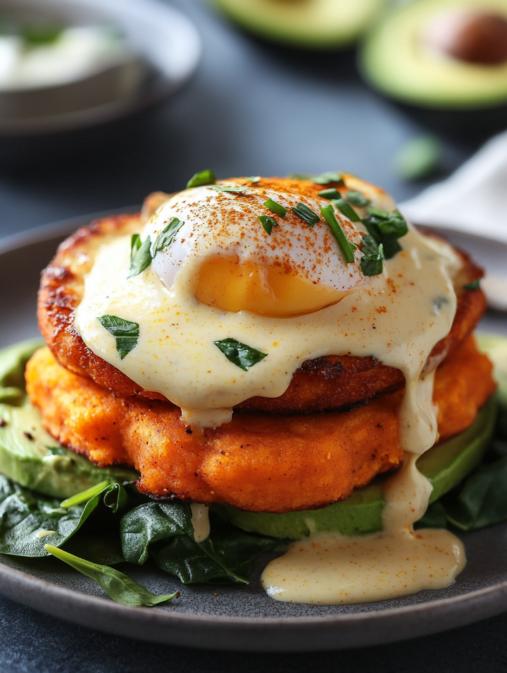 Avocado Eggs Benedict with Sweet Potato Cakes & Turmeric Hollandaise