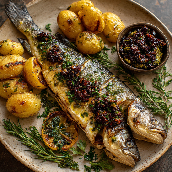 Greek Branzino with Herb-Roasted Potatoes & Olive Tapenade