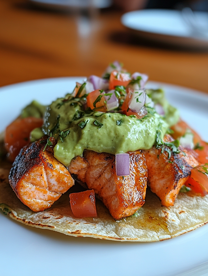 Cuban Mojo Salmon Tacos with Avocado Crema
