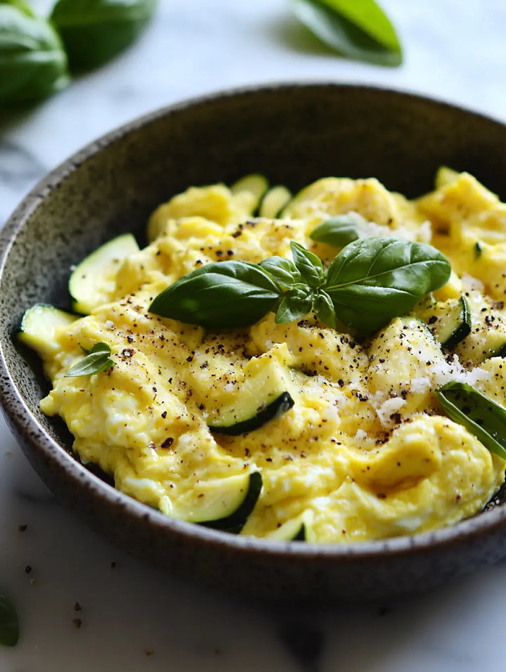 Soft Scrambled Eggs with Zucchini & Basil Sauté - Manjeri Skincare