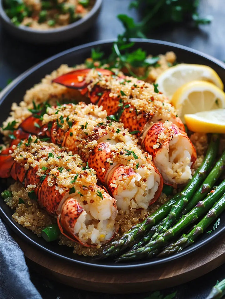 Butter-Poached-Lobster-with-Lemon-Garlic-Quinoa-Asparagus Manjeri Skincare