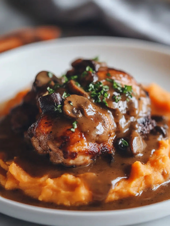 Smothered-Chicken-with-Mushroom-Gravy-Sweet-Potato-Mash Manjeri Skincare