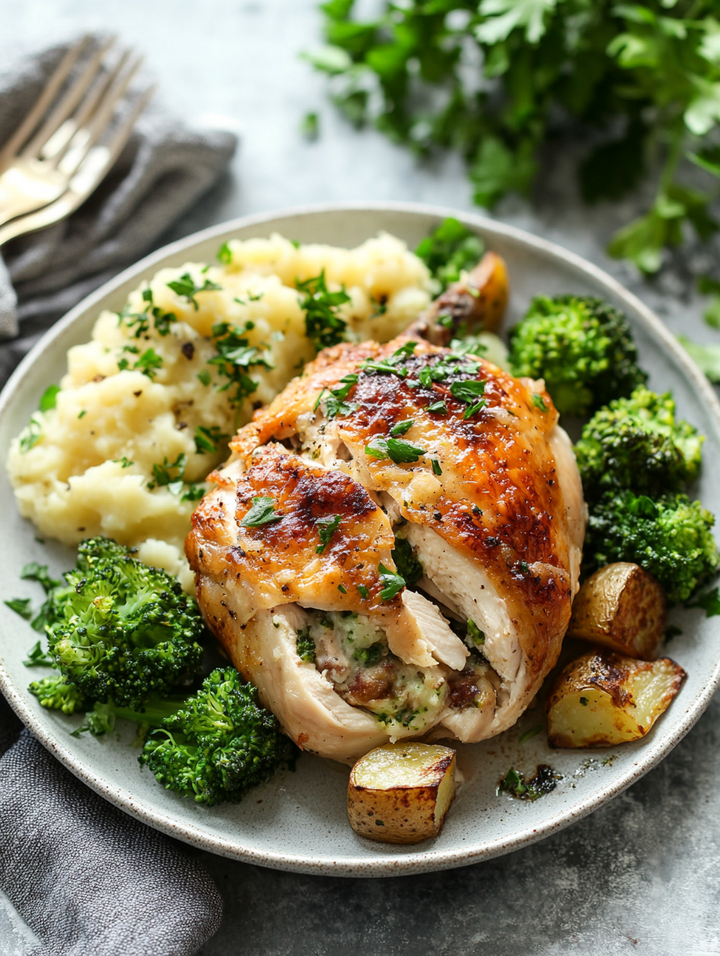 Stuffed Chicken with Garlic Mashed Potatoes & Roasted Broccoli