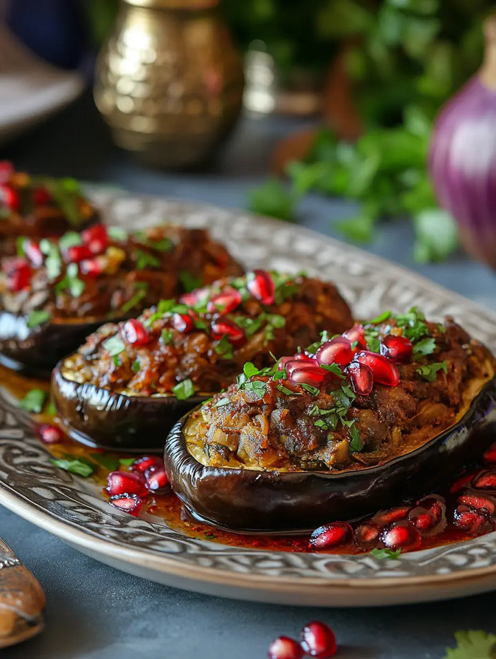 Stuffed Eggplant (Imam Bayıldı) with Pomegranate Drizzle - Manjeri Skincare