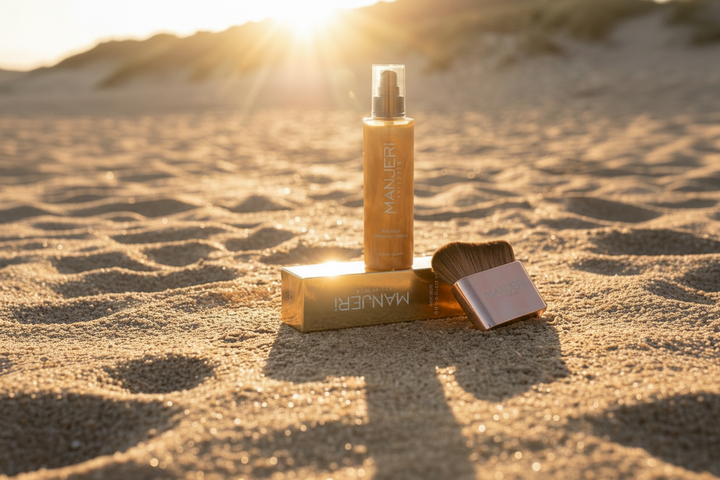SunGlow Shimmer Body Oil, beach lifestyle shot